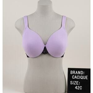 Cacique 42C Bra Lavender Purple Cotton Lightly Lined T-Shirt Underwire Lace